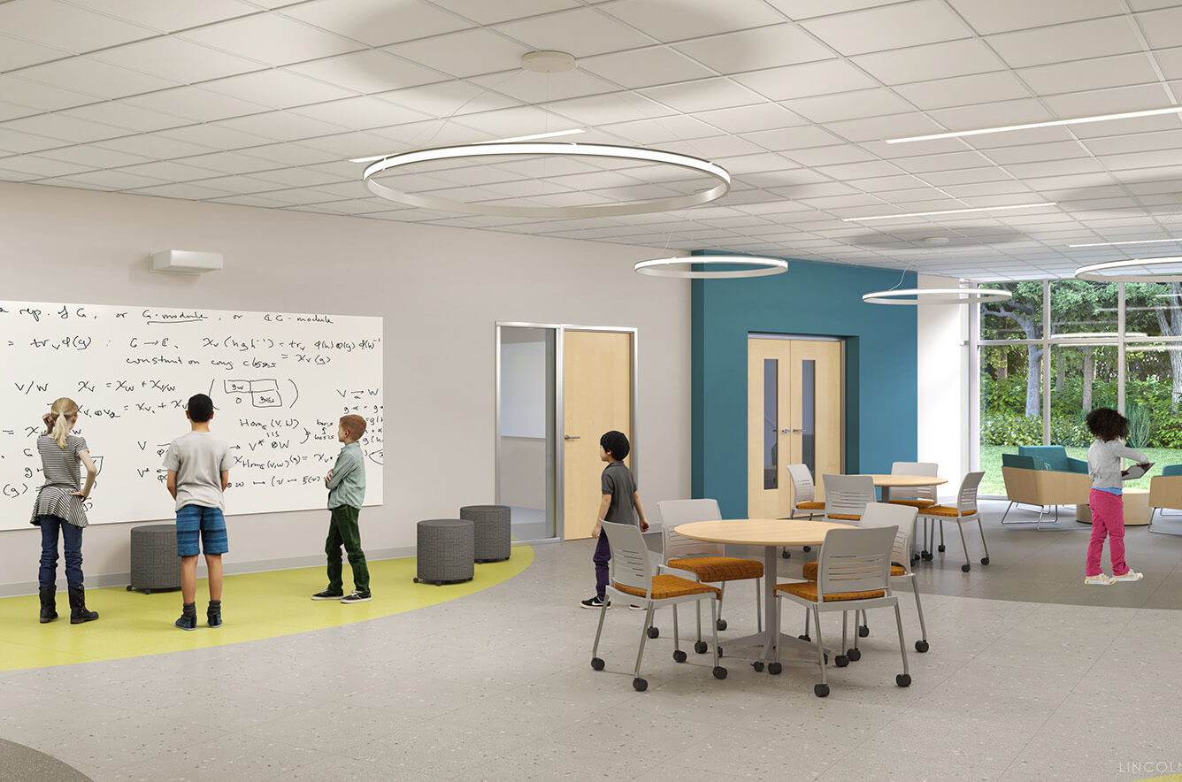 Digital rendering of students working in a Nashua Middle school common room