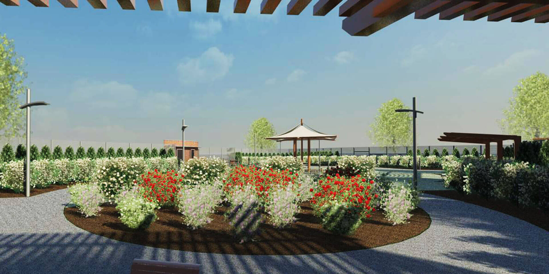 Digital rendering of an outdoor garden and courtyard